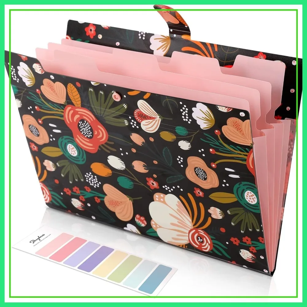 5-Pocket Expanding File Folder with Floral Design, Accordion Organizer for Documents, Receipts, School & Office Supplies, Black
