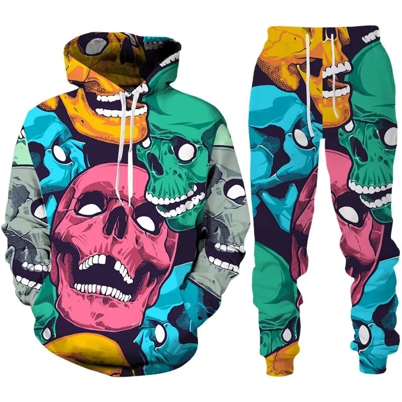 Autumn Floral Skull 3D Printed Hoodie Suit Men Sweatshirts Sweatpants Casual Fashion Two Piece Tracksuit Set Men\'s Clothing