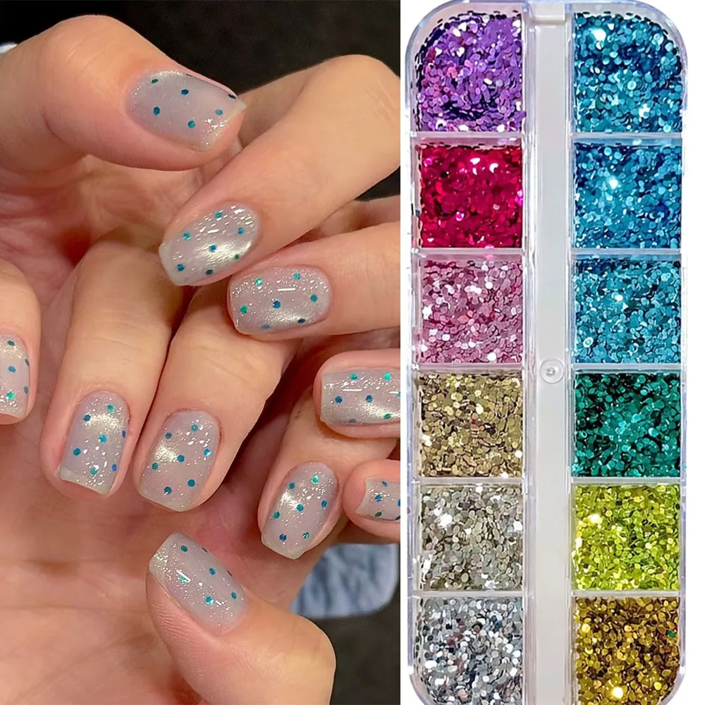 12Grid Laser Polka Dots Nail Glitter Sequins 0.8mm Tiny Holographic Round Nail Flakes Silver Gold Blue Pink Paillettes for Nails