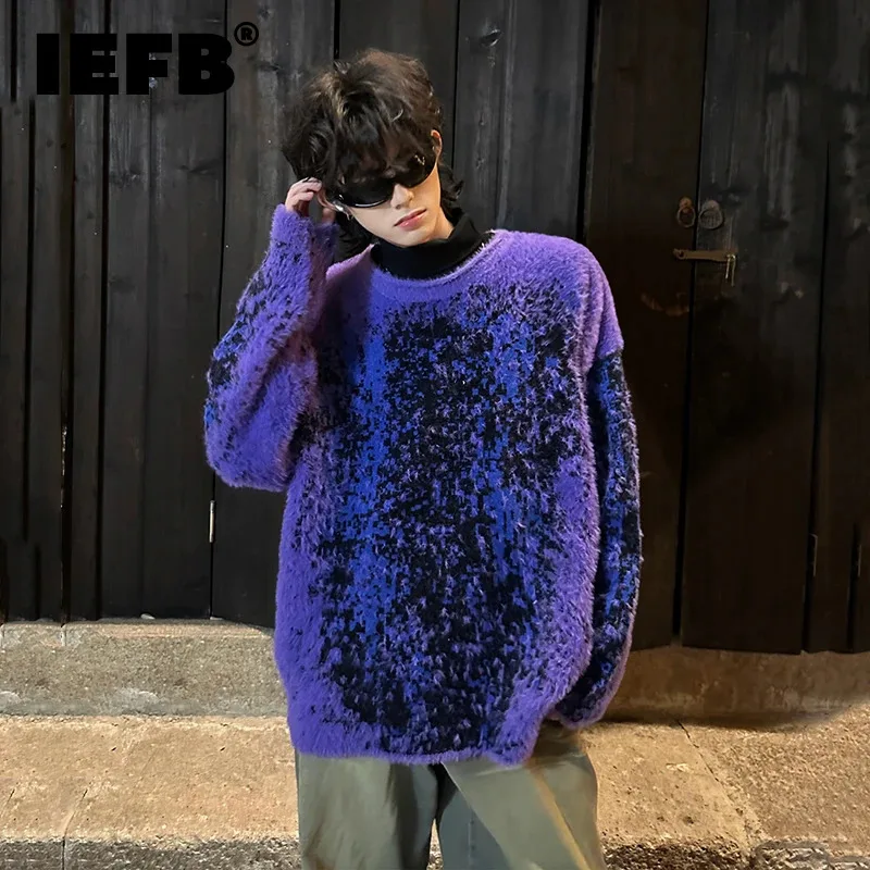 IEFB niche design men\'s sweaters round collar patchowk contrast color loose pullover male loose knits personalized winter 9C8252