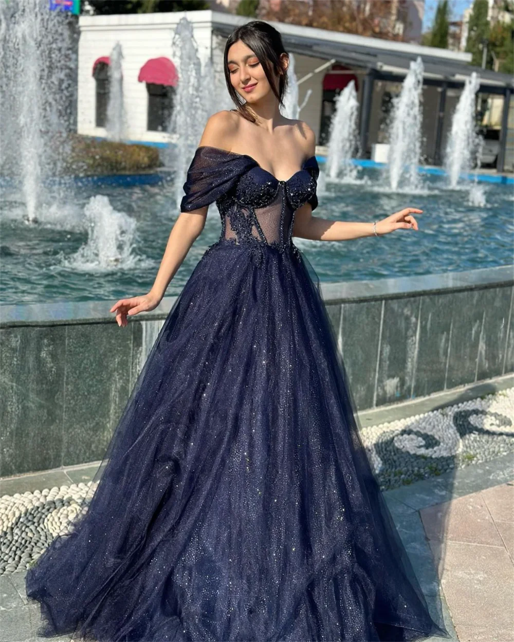 Jessica Navy Blue Prom Dresses Sweet Glitter Tulle A-shaped Evening Dresses Wedding Dress Formal Party Dresses Vestidos De Noche