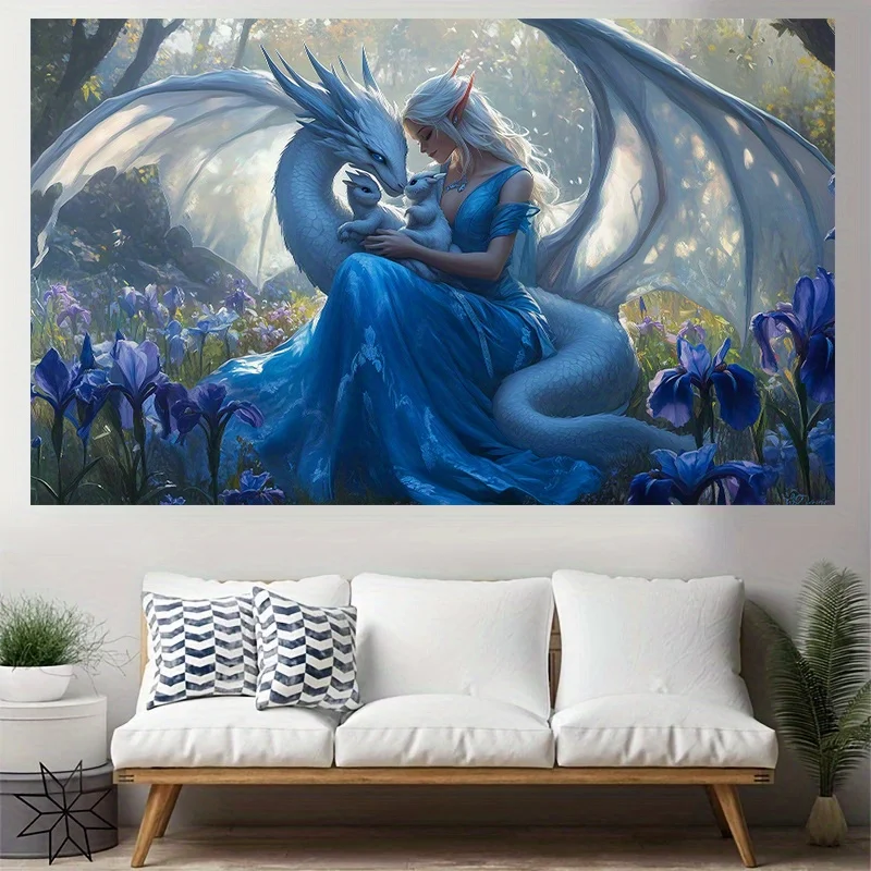 1pc Enchanted Dragon & Fairy Tale Princess Tapestry, Magical Forest Purple Flowers Wall Hanging for Home Party Photo Backdrop