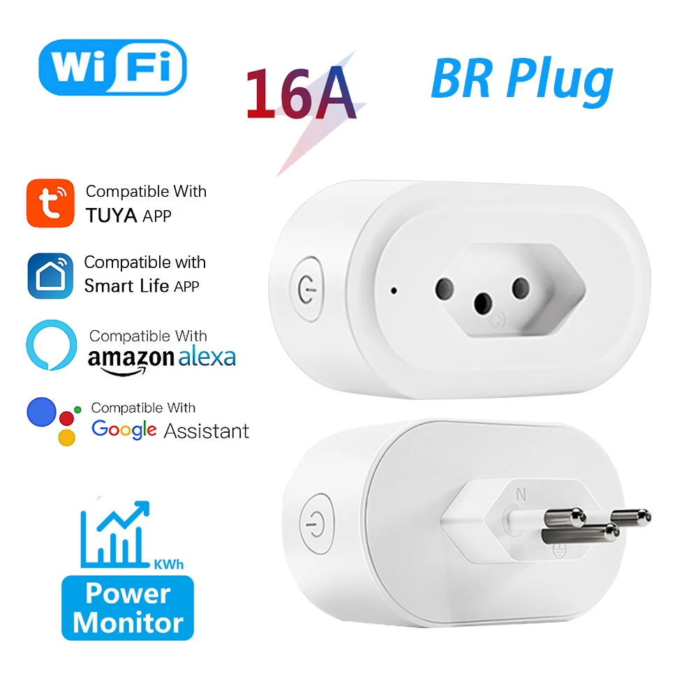 Tuya Brazil Standard WiFi Smart Plug 16A With Power Monitor APP Timing Control Socket BR Outlet Works With Alexa Google Home