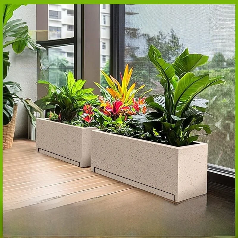 Rectangular Cement Board Flower Pot with Tray Planting Box Balcony Green Plant Growing Basin Simple Style Garden Decoration