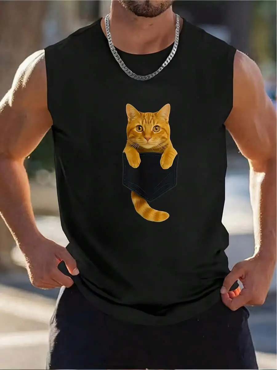 

Mens Black Tank Top With Orange Cat Pocket Print Design Casual Fitness Sleeveless Top