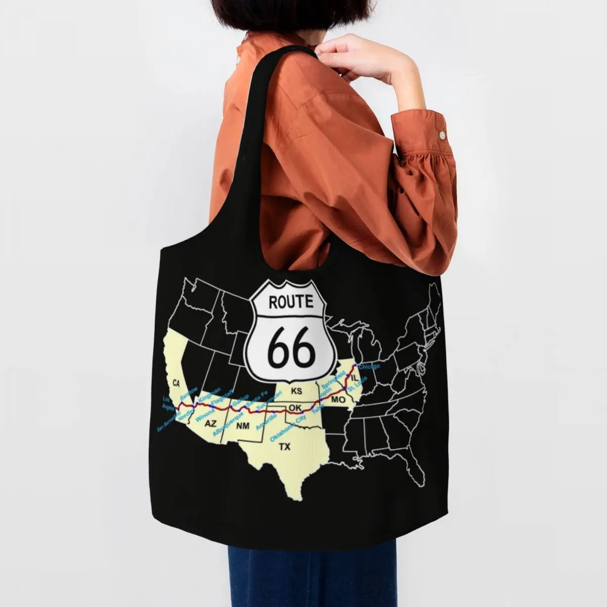 Funny Print Route 66 Map Shopping Tote Bag Durable Canvas Shoulder Shopper USA Highways Bags Photographer Handbag