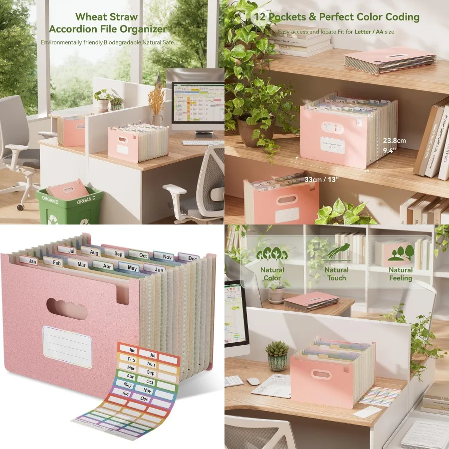 

Accordion File Organizer with 12 Pockets in Wheat Straw Material for Monthly Bill and Receipt Storage Expanding Design with Upr