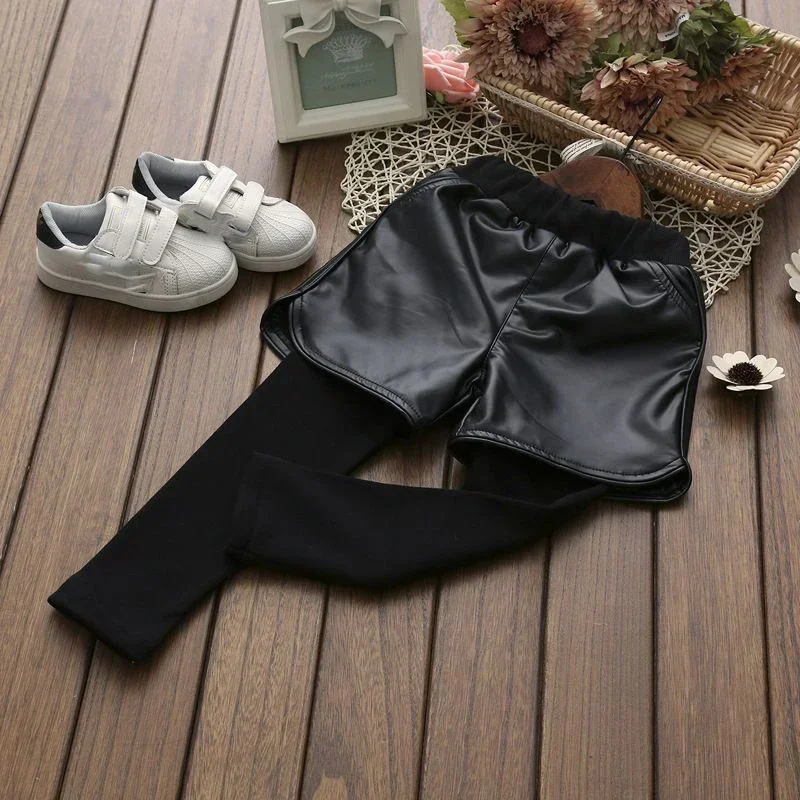 

Kids Girls Black PU Leather Shorts Leggings Pants 2024 New Children Casual Autumn Winter Leggings Korean Style Cotton Pants