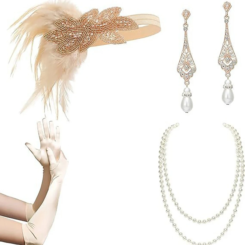 

1920s Carnival Party Fascinators Headband Vintage Champagne hair Headpiece Gloves Pearl Necklace Earrings Set For Girls Women