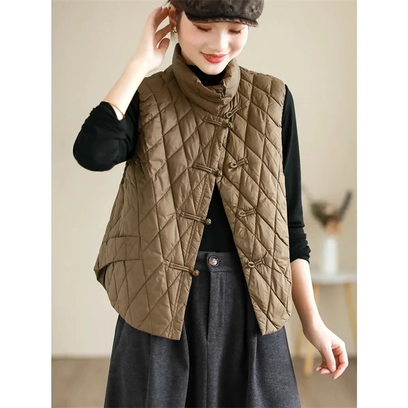 2024 New Autumn Winter Parkas Women Puffer Vest Loose Cropped Stand Collar Sleeveless Vest Jackets Down Cotton Padded Waistcoat