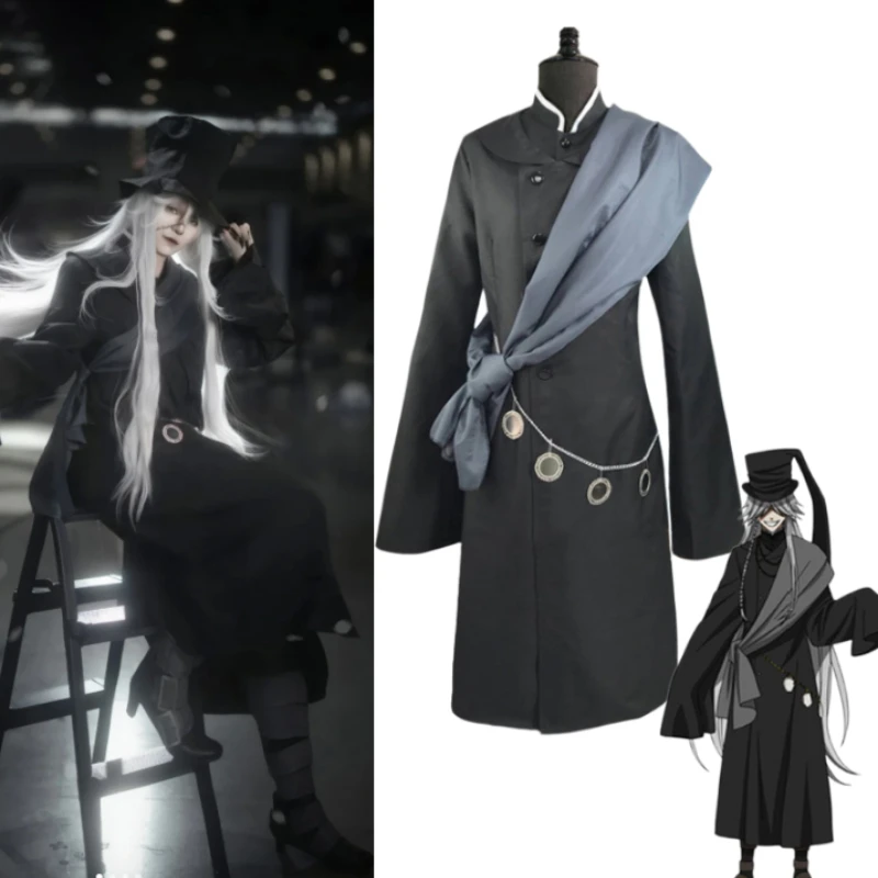 Undertaker Cosplay Costume Black Butler Long Black Coat Outfit Full Set with Grey Wig for Men Halloween Stage Performance