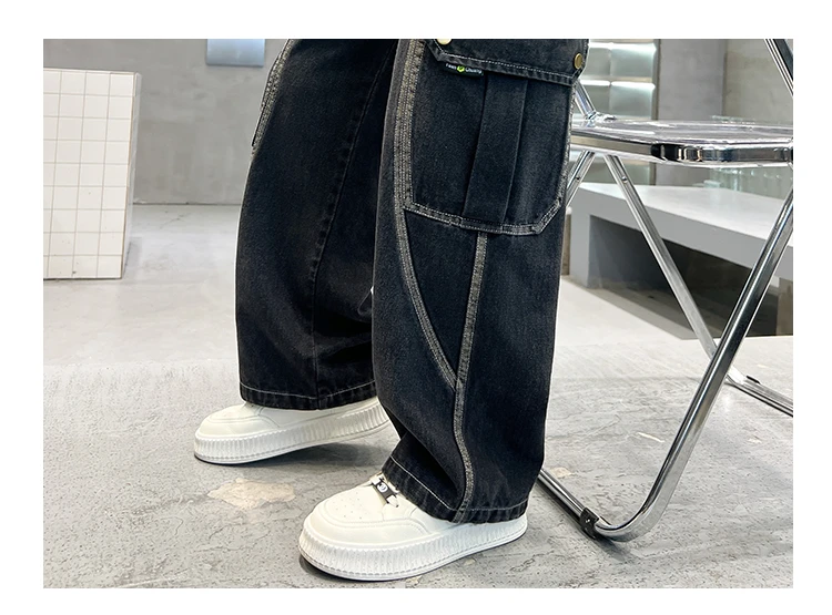 Neue lässige Kinder-Cargo-Jeans mit geradem Bein und Taschen für Teenager-Jungen, modische Street-Denim-Hosen, elegante Hosen für Kinder. – Detail 20