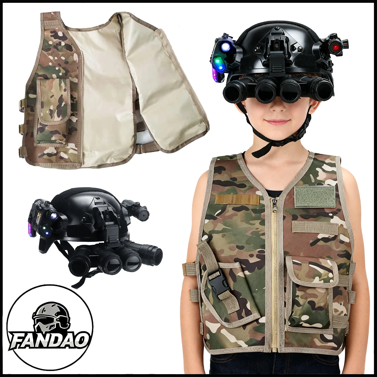 

Children's Tactical Helmet Set with Camo Vest Night Vision Device Model Laser Flashlight Outdoor Kid's Special Forces Costume