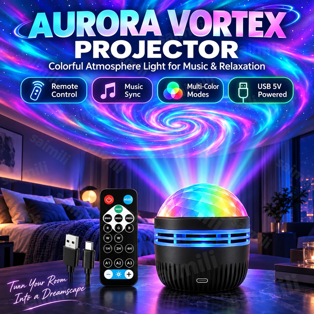 Aurora Vortex Projector Light USB‑C Powered Remote Control Music Sync Multi‑Color Modes Galaxy Star Night Light For Kids Room