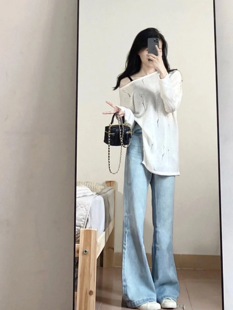 Retro High Waist Wide Leg Jeans Women's Light Blue Bell Bot Loose Fit Straight Cut Trousers Autumn Season plus Size