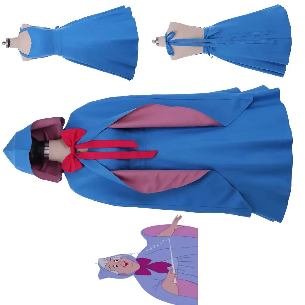 

Anime The Fairy Cosplay Godmother Costume Women Girls Blue Halter Neck Backless Dress with Hooded Cloak Halloween Party Gown