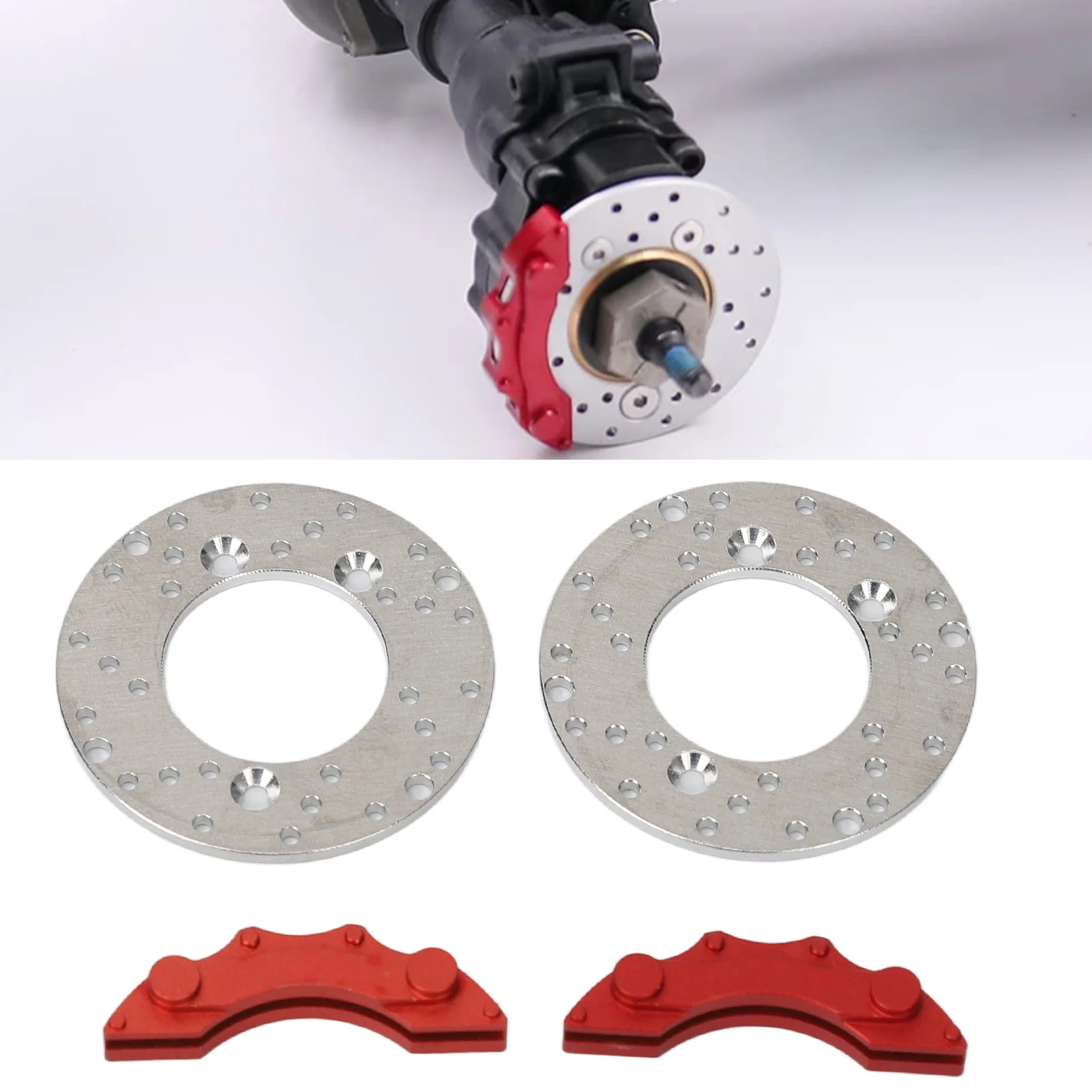 

RC Wheel Brake Disc RC Car Aluminum Brake Disc High Simulation Silver Red 1.4in Diameter with 2 Calipers for 1/10 RC Car