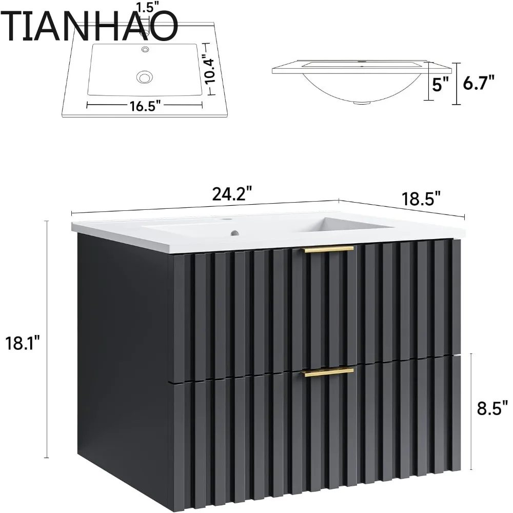 24 Inch Bathroom Vanity with Sink Combo, Floating Bathroom Vanity with 2 Fluted Drawers & Metal Handle,Modern Wall Mount Storage
