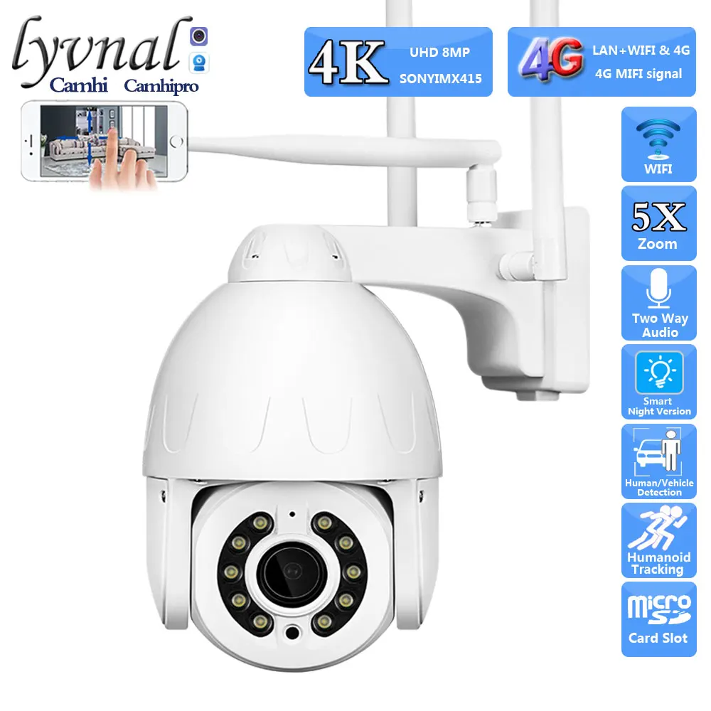 4K 8MP Sony415 3G 4G SIM Card Wireless Security IP Camera Wifi PTZ Dome 5X Zoom Human Tracking Two Way Audio Color Night Vision