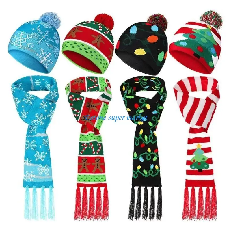 090B Christmas Cap Tassels Scarf for Kid Toddler Crochet Knitted Hat Scarf with Light