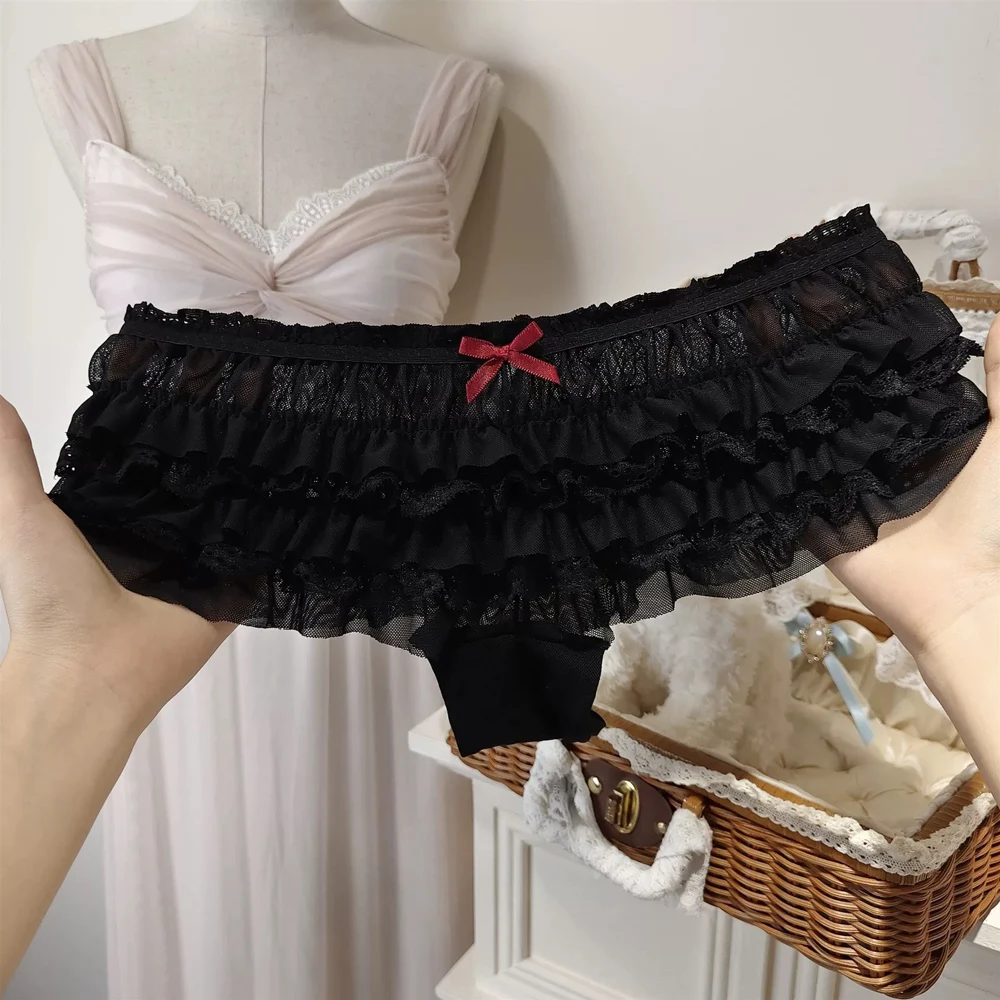 Damen-Slips mit süßer Schleife, Spitze, sexy Prinzessinnen-Stil, niedrige Taille, 3D-Rüschen, niedliche Slips, weiche, dünne, atmungsaktive Dessous – Detail 6