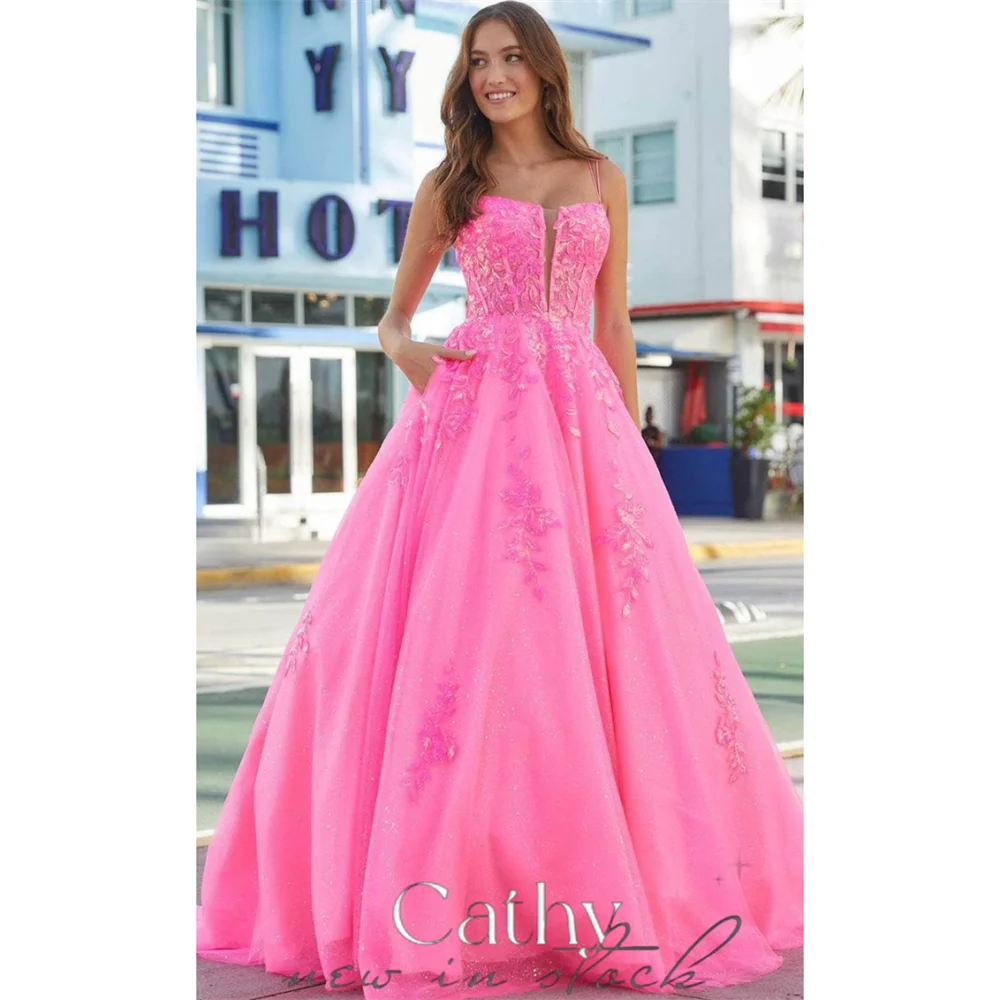 

Cathy Princess Lace Embroid Vestidos De Noche Sweet Hot Pink Ball Gown Prom Dress 2023 Fairy Lace Sleeveless فساتين السهرة