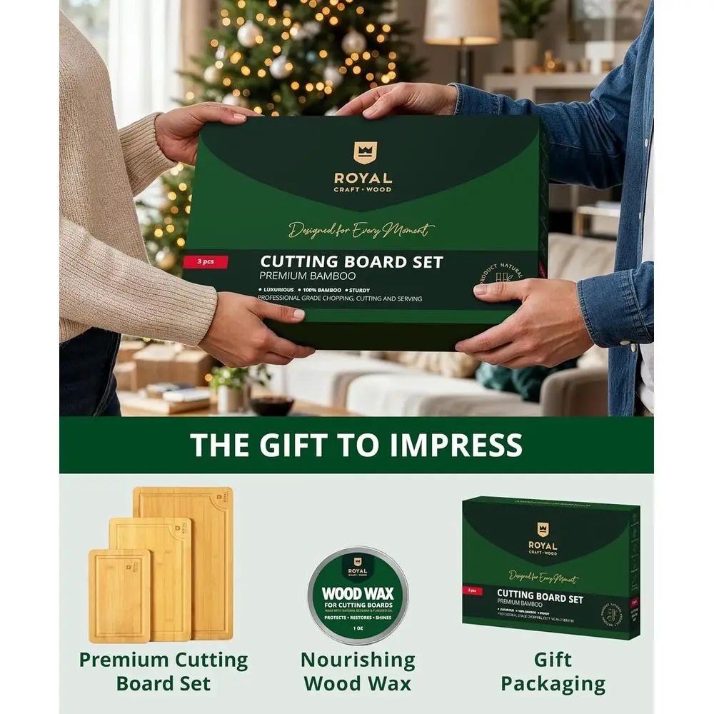 3-Piece Reversible Bamboo Cutting Board Set with Deep Groove & Handles - Premium Charcuterie Boards for Kitchen Gifts