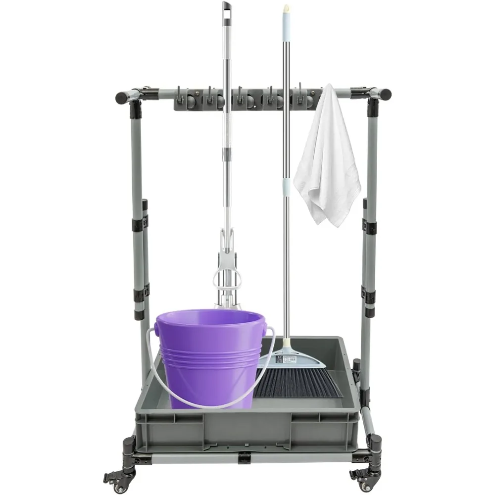 

Отдельностоящая тележка для чистки с подвижной метлой и держателем для швабры, напольный органайзер для чистящих средств
