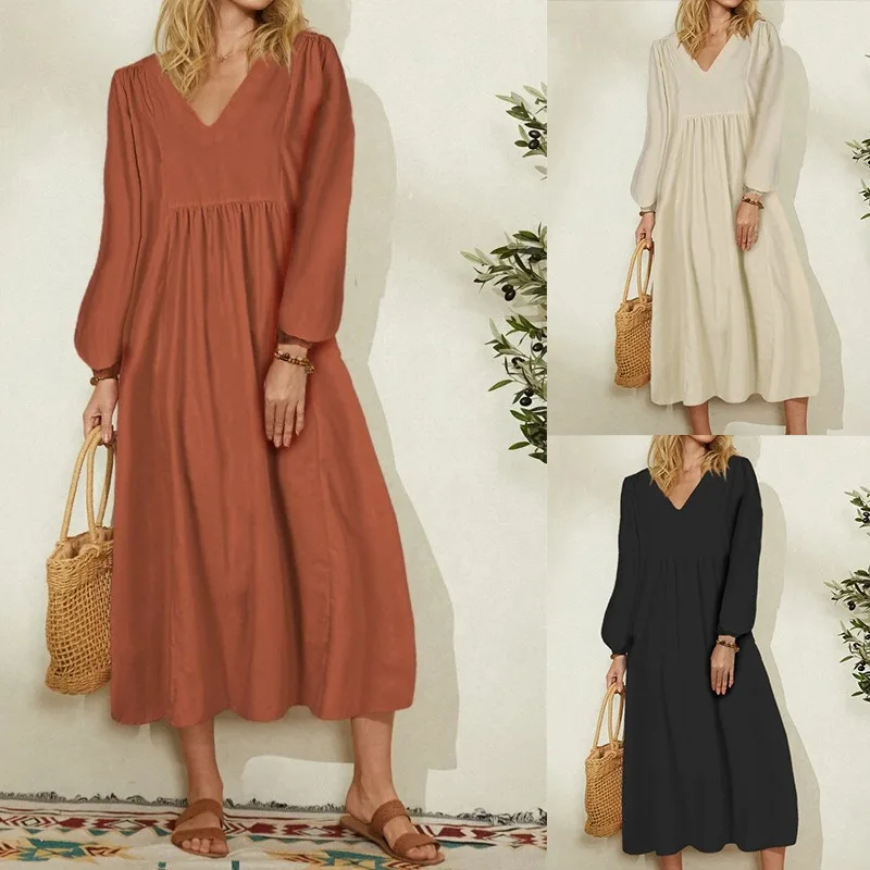 

2026 Autumn Women's Cotton and Linen Loose Lantern Sleeve European and American Dress