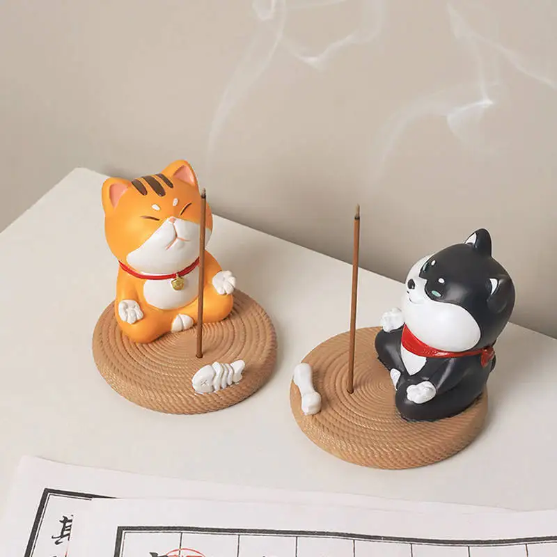 Incense Stick Burner Holders Phone Stand for Desk Cute Resin Cat Figurines Phone Holder Statue Kawaii Desk Accessories