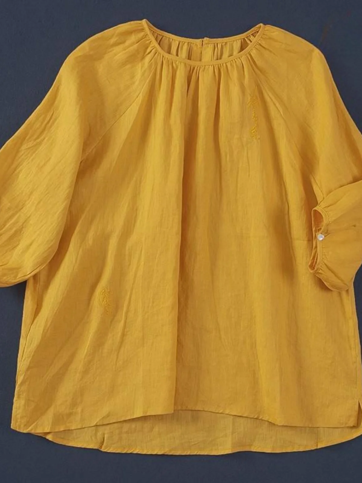 

Льняной круглый пуловер в стиле ретро, свободный крой, повседневный, возрастной, однотонный, летний, Новое поступление, женский, irt