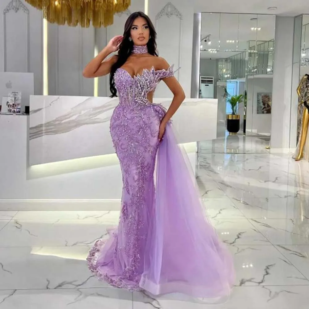 Stunning Purple Mermaid Prom Dresses Elegant Leaf Beading Shoulder Prom Dress Beads Train Customized Black Girls Formal Gowns