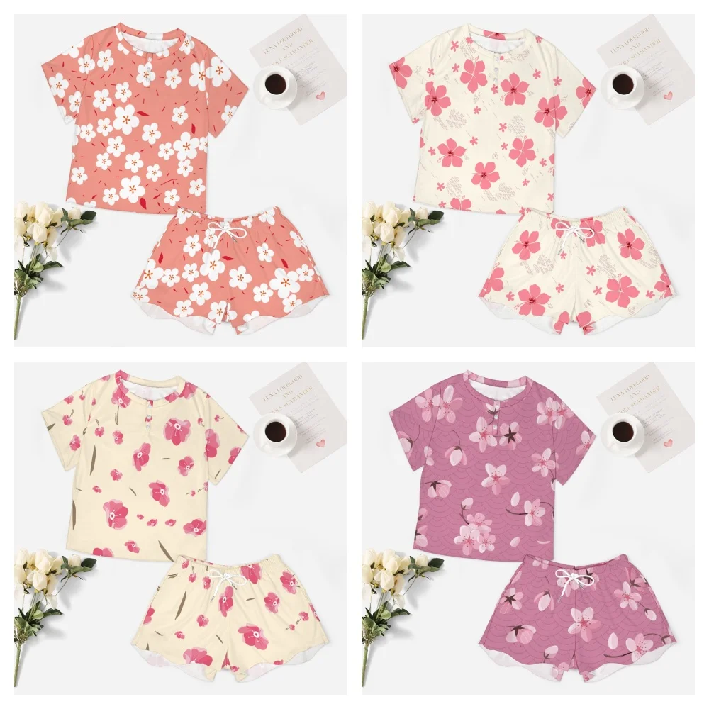 Cherry Blossom Pattern Women's 2-Piece Button Down Short Sleeve Button Front Sleepwear Loungewear PJ Set Summer Home Suit