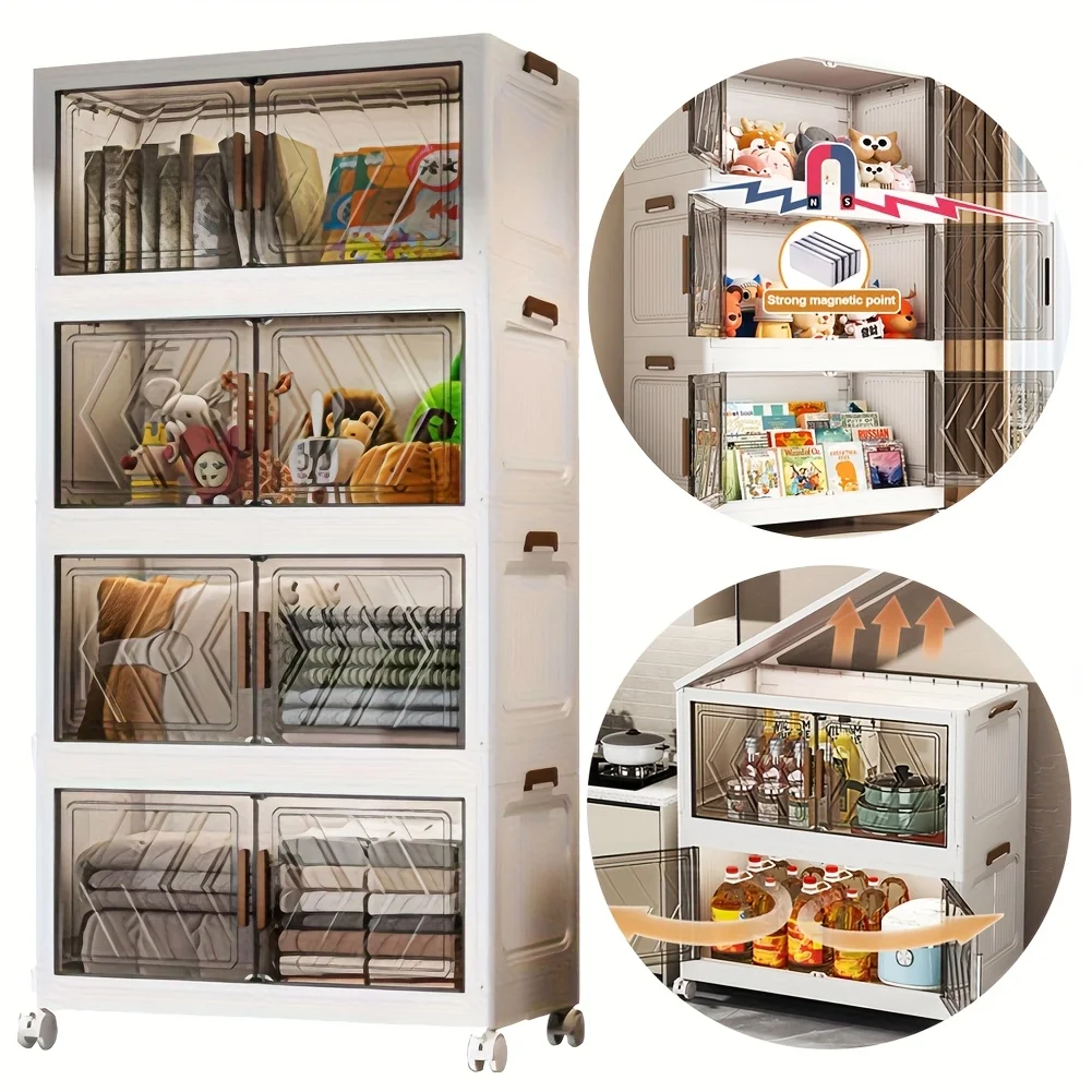 4 Tier Plastic Storage Bins with Lid, Stackable Storage Containers with Wheels, Folding Storage Boxes, Stackable Storage Bins, C