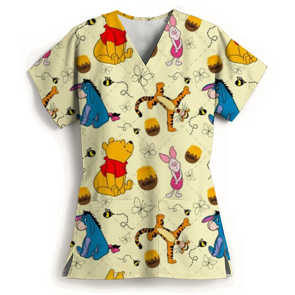 Women's Shirts Women's Nurse Uniform T-Shirt Woman Clothes Disney Cute Winnie Pooh Tops Anime V Neck New Pocket Hospital S-3XL