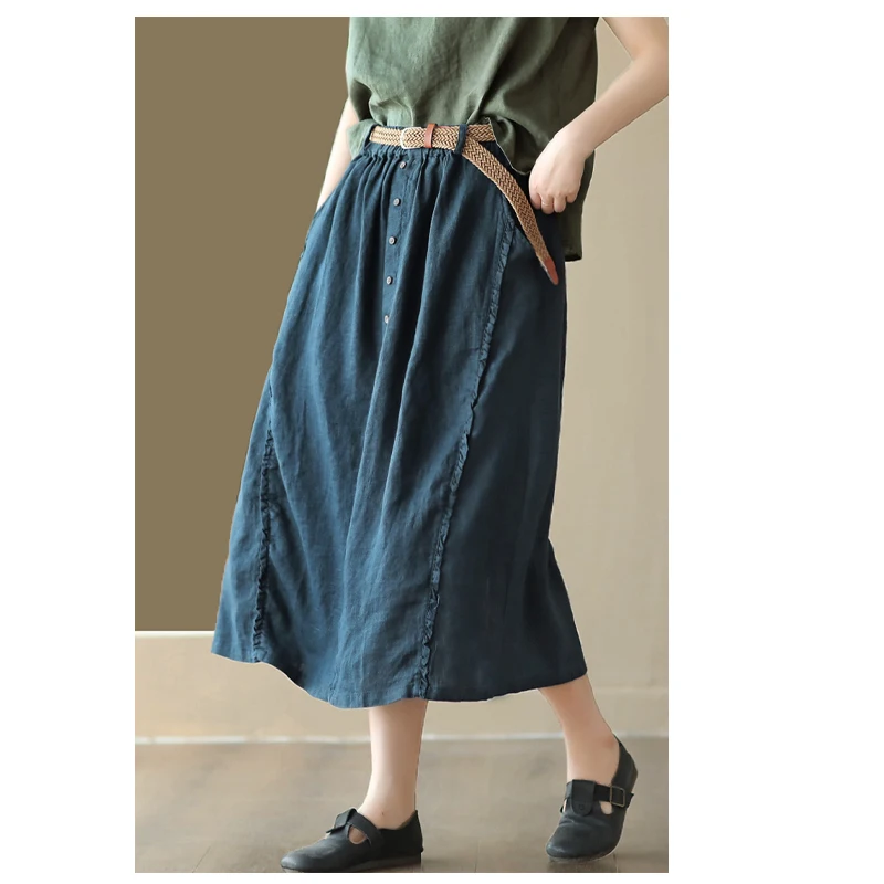 Linen Hemp Spring Summer Women's Half Skirt Coffee Youth Sweet Wood Ear Edge Over the Knee Skirt Loose Size 4XL Outdoor Casual