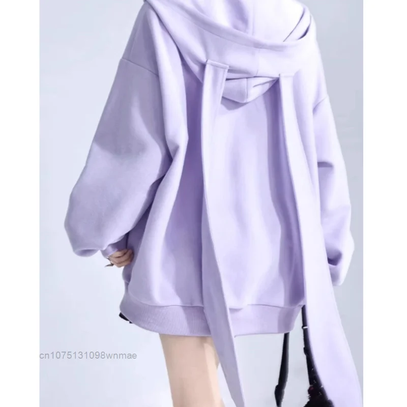 Trendy Purple Rabbit Girl Ear Hooded Sweater with Long Ears for Women Oversize Hoodie Loose Zipper Cardigan Coat Clothes