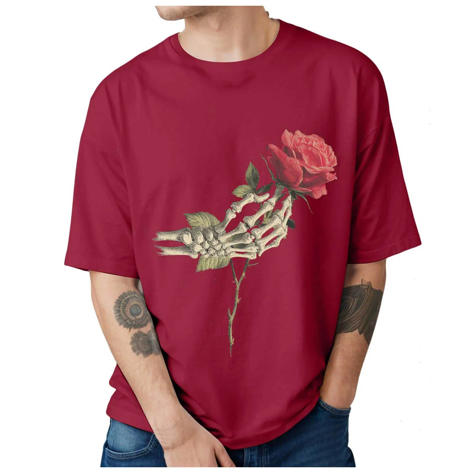 تي شيرت رجالي هالوين الهيكل العظمي اليد الوردي كم قصير قطرة الكتف الجولة الرقبة تي شيرت حجم كبير بلايز حمالة #1