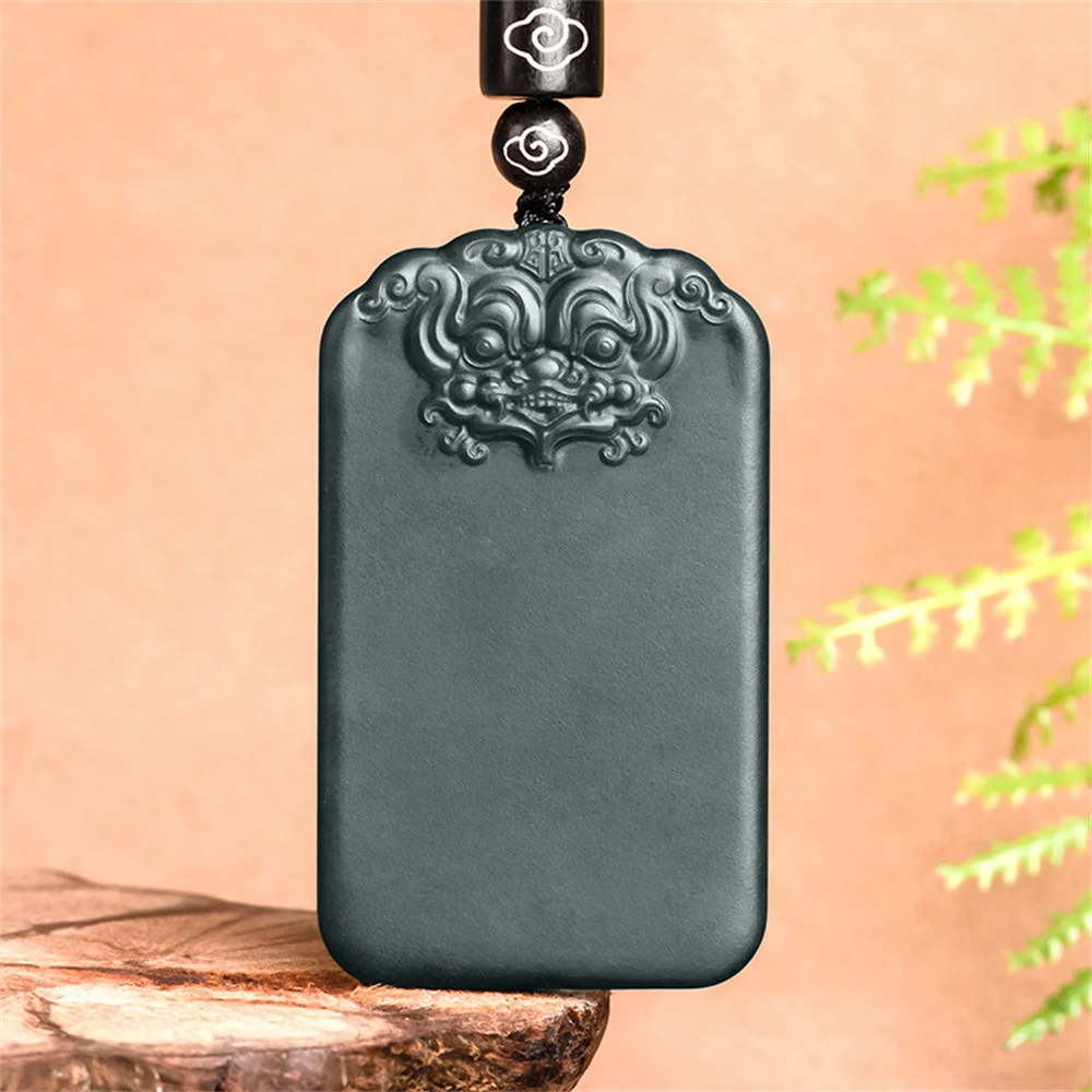 Natural Black HeTian Jade Carved Ancient Chinese Animal Head Safety Lucky Pendant Amulet Necklace Certificate Luxury Jewelry