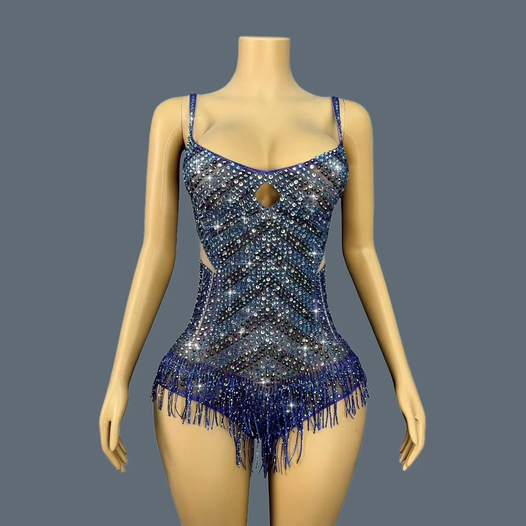 

Sexy Deep V Neck Sparkly Rhinestone High-end Bodysuit See Through Mesh Tassel Dance Stage Performance Party Outfit Lanlixing