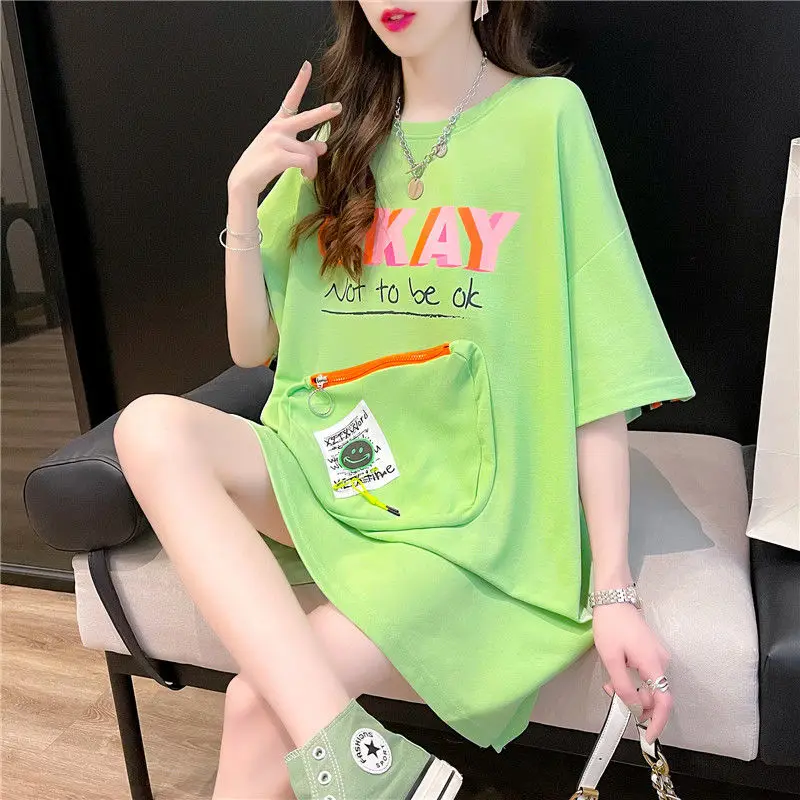 Y2k Clothing Zipper Pockets Store Phone Mid-length Short Sleeve Street Casual T Shirt Women Korean-style New Shirt Summer Tops