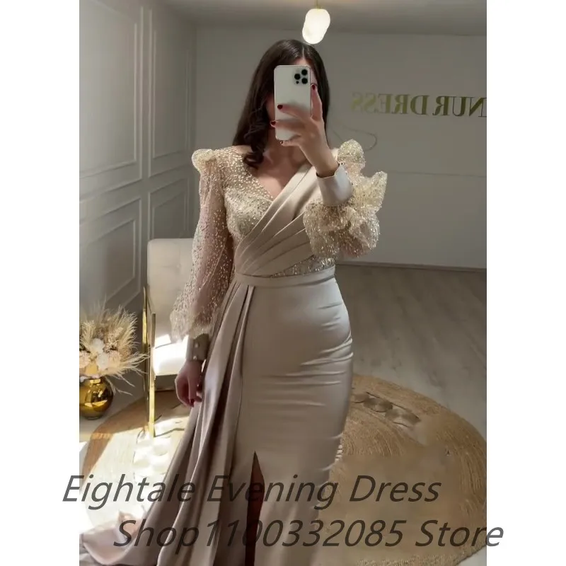 Customized Champagne Evening Dress for Wedding Party V Neck Glitter Long Puffy Sleeves Mermaid Satin Arabic Celebrity Prom Gown