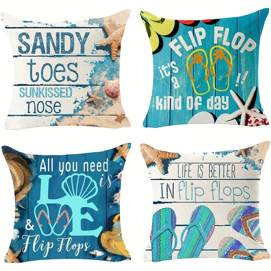 4PC Beach Vibes Throw Pillow Covers Set Nautical Coastal Summer Decor Sand Tropical Ocean Life is Better in Flip Flops