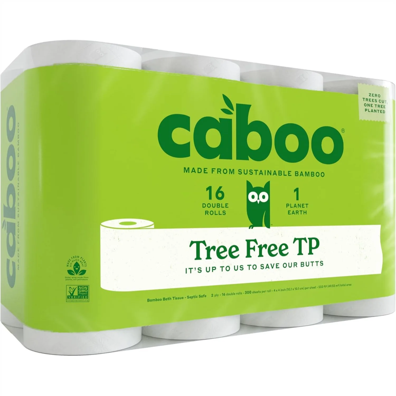 

Tree Free Toilet Paper, Septic Safe Bath Tissue, Soft 2 Ply Sheets, 300 Sheets Per Roll, 16 Double Rolls