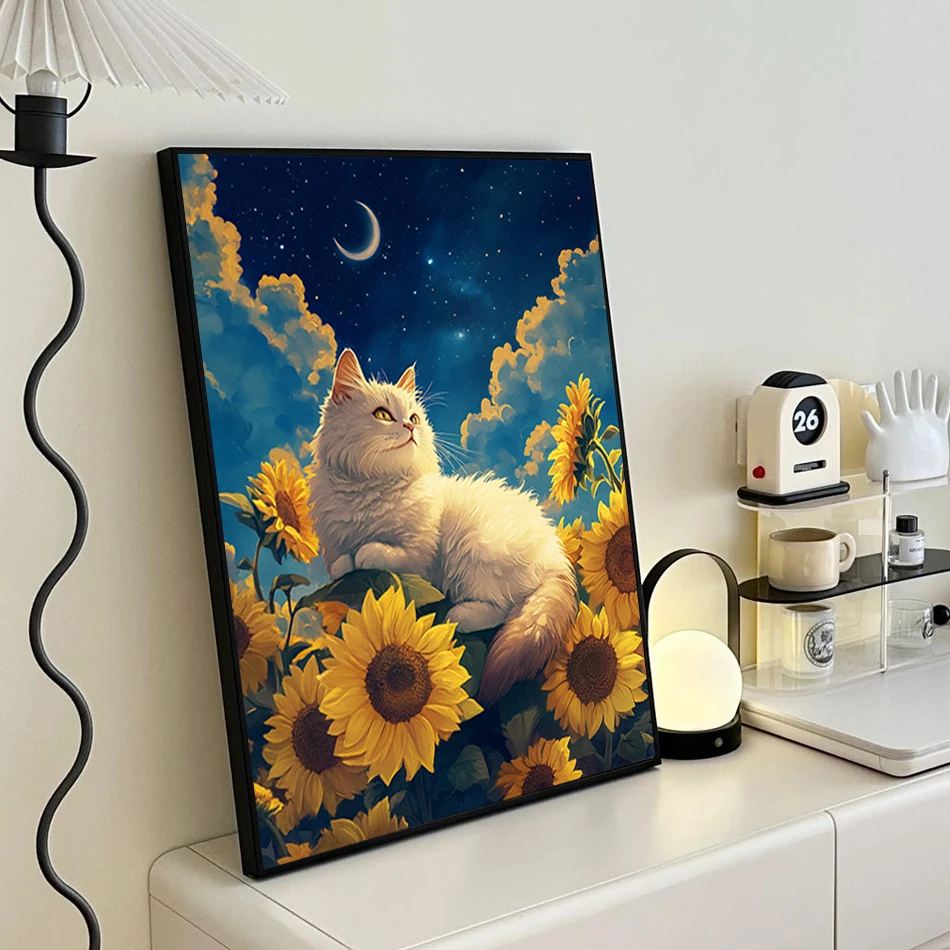 RUOPOTY Malen nach Zahlen, Acryl-Leinwand, Bild, Tabby-Katze, weiße Katze, Blumencluster zum Zeichnen, Marker nach Zahlen, Heimdekoration