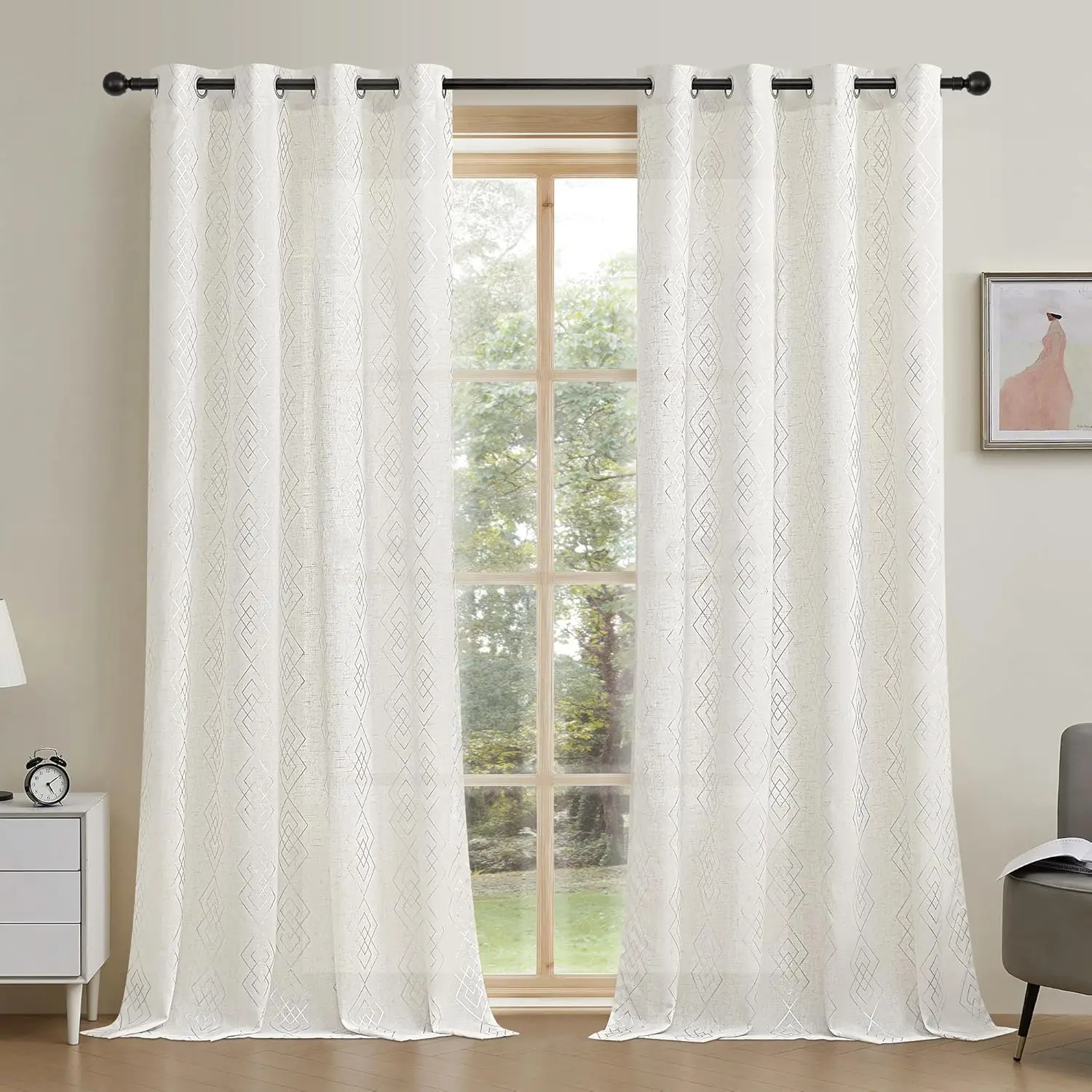 Longas cortinas de linho para quarto e sala, cortinas de prata com desenho geométrico, 96 polegadas