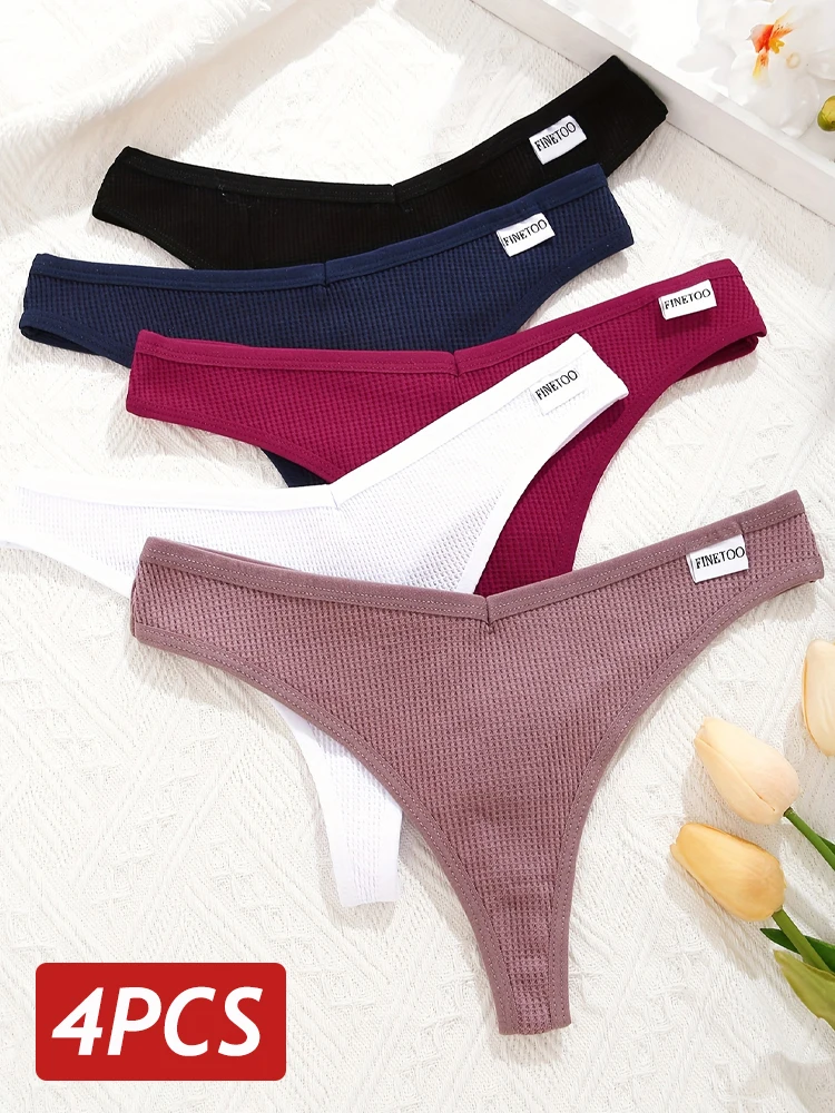 4PCS/Set Waffle Panties Cotton Women Panties Sexy Thongs V Waist Solid Color Female Underpants Intimates Women Lingerie S-XL