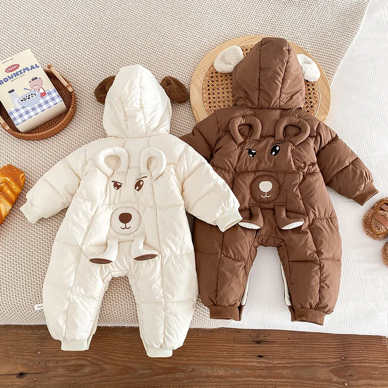 Winter Korean 0-2 Years Baby Boys Onesies Hooded Cotton Clipped Thickened Cartoon Warm Infant Boys Bodysuit Newborn Boy Jumpsuit