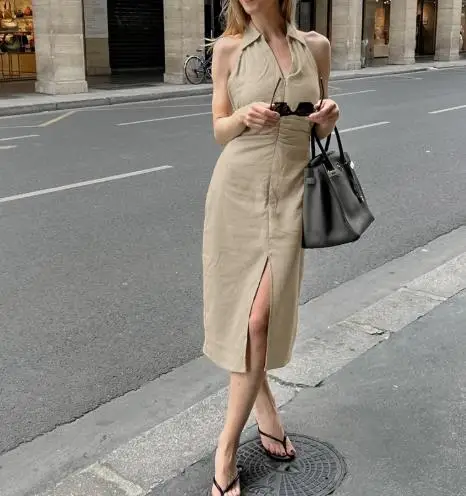 

Tailored Waist Cinching Temperament Dress for Summer Women, Elegant Solid Color Hanging Neck Exposed Backpack Hip Dress