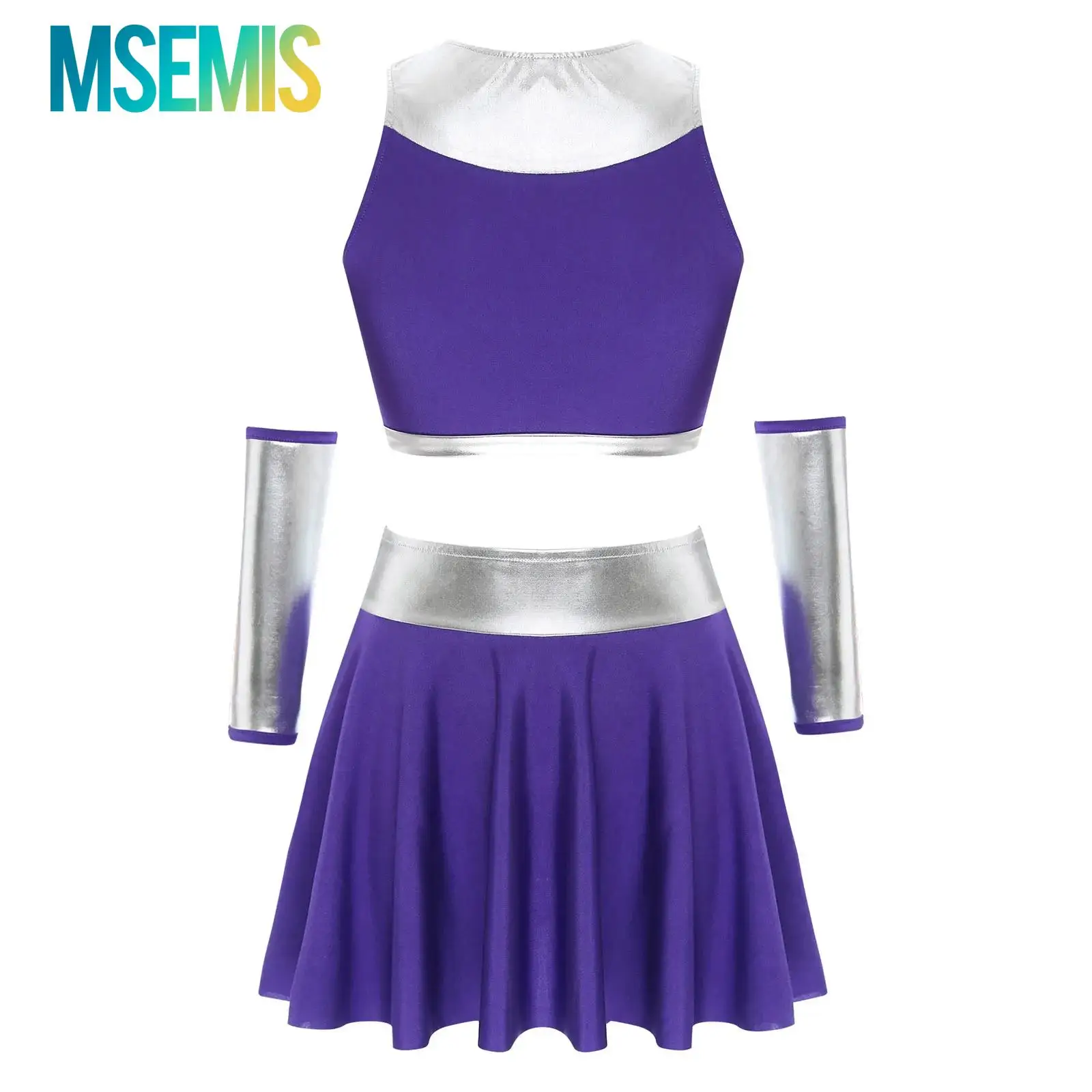 Kostum Cheerleader Wanita untuk Pertunjukan Tari, Atasan Crop, Sarung Tangan, dan Rok Mini Ayun, Kostum Cosplay Halloween